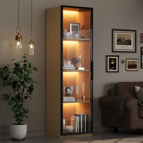 Vitrine avec porte vitrée, 40×40×165 cm, meuble haut et étroit, MDF, avec verre trempé, éclairage LED et charnières à fermeture douce, couleur chêne