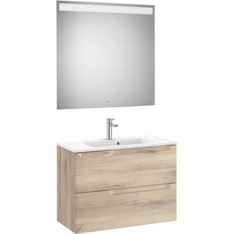 MUEBLE LAVABO 800MM ALEYDA COMPACTO 2 CAJONES + ESPEJO BEIGE MADERA