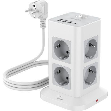 Parafoudre Tour Multiprise avec Interrupteur, Rallonge Electrique 3m Prise Multiple Parafoudre et Surtension, 3600W, 8 Prises Secteur, 3 USB-A (1/5)