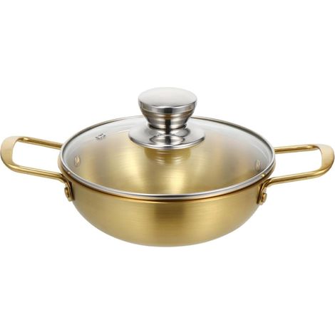 Casserole à nouilles en acier inoxydable 20 cm, format moyen, avec couvercle en verre trempé, finition dorée (1/5)