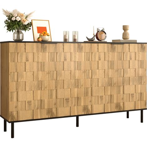 Buffet Mosaïque Bois 160 cm Meuble de Rangement 2 Portes avec Pieds en Métal Noir pour Salon et Entrée (1/5)
