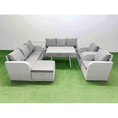 Fimous Rattan High Back Lounge Sofa Set Patio Dining Table & Chairs Set with 3 Seater Sofa 2 Reclining Chairs Side Table Big Stool Light Grey (1/4)