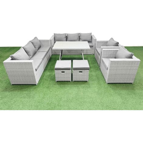 Fimous 10 Seater Garden Furniture Set PE Ratten Garden Sofa Set with Rectangular Dining Table 2 Small Stools Light Grey (1/4)