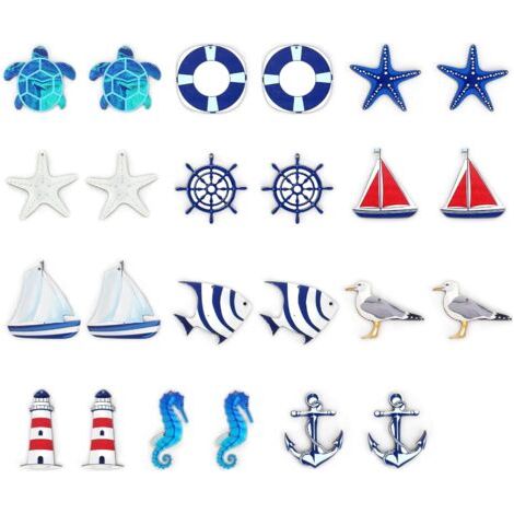 Lot de 24 pendentifs maritimes, décoration nautique, kit de décoration maritime, étoile de mer, bateau, ancre, phare, poisson, cocotier pour mini filet de pêche, décorations murales (1/5)