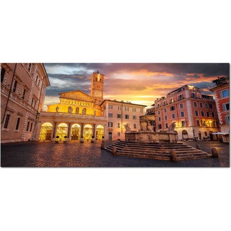 Lupia - Quadro moderno su Tela Canvas DEEP 65X143 cm, con paesaggi e localismi italiani, per casa, soggiorno, capezzale camera da letto, hotel, ufficio, ROMA - BASILICA NS SIG.RA IN TRASTEVERE (1/4)