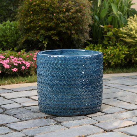 Pot de fleurs en céramique bleu classique 31 cm avec relief (1/5)