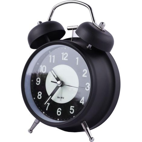 4-Zoll-Wecker, Quarz, analog, Vintage, Doppelglocke, mit lautem Alarm und Nachtlicht, Metallgehäuse (schwarz) (1/5)