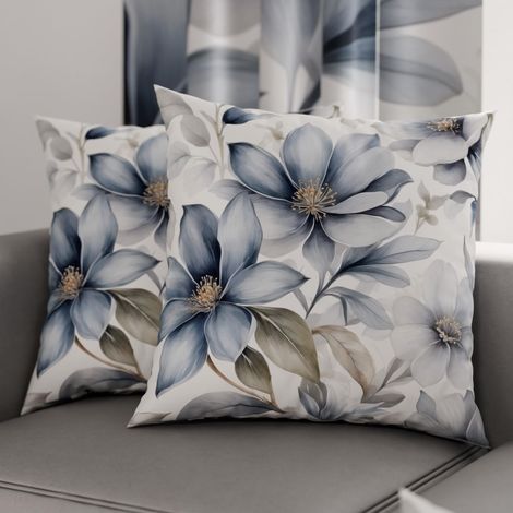 Lot de 2 Taies d'Oreillers 50x50 cm 100% Microfibre Hypoallergénique, Housse Oreiller Rectangulaire Motif Floral Bleu Blanc, Paquet de 2 (1/3)
