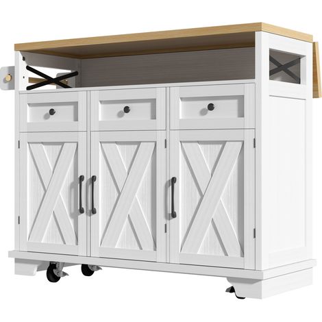 ELVMI Desserte de cuisine avec 3 Tiroirs, Plateau Rabattable, Porte-serviettes et Roulettes, 118 x 43 x 98 cm, Blanc (1/5)