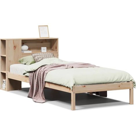 Lit simple  Lit adulte  Lit bibliothèque sans matelas 75x190 cm bois de pin massif