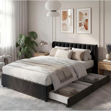Letto imbottito in velluto nero 140x200 cm con rete a doghe inclusa e 2 cassetti (1/5)