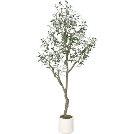 Tronc réaliste, fruits, feuillage naturel – Arbre d'olivier artificiel décoratif 180 cm en pot blanc moderne, parfait pour salon, bureau ou cadeau d'inauguration, 6FT (1/5)