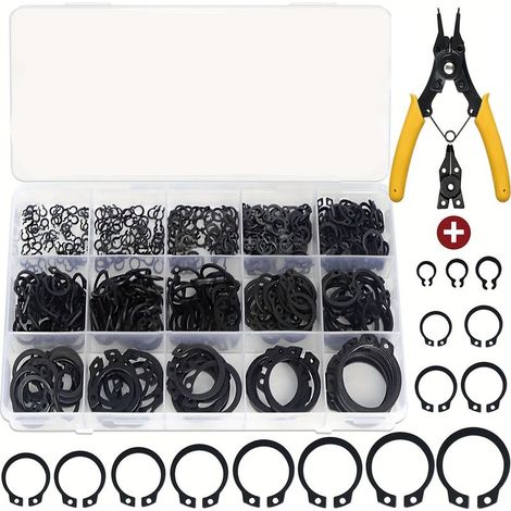 Assortiment de 456 circlips en métal, assortiment de 15 types de clips E (Φ3/4/5/6/8/10/11/12/14/16/18/20/22/25 mm) pour fixation intérieure et extérieure (1/5)