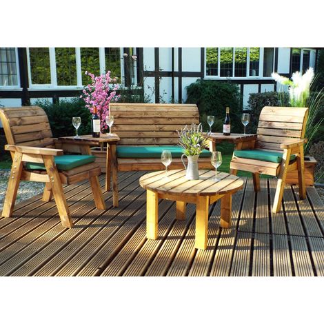 Charles Taylor Wooden Garden 4 Seater Chair Bench Set Round & Table Red Cushion (1/5)
