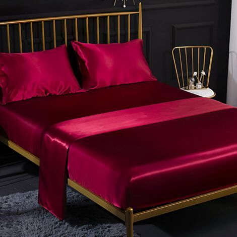 Ensemble 4 Pièces de Draps de Lit en Satin Couleur Unie 1 x Drap Housse 198203 cm 2 Personnes avec Grand Bonnet de 35 cm, 1 x Drap Plat et 2 x Taie d'oreiller, Rouge Bordeauxdengyank (1/4)