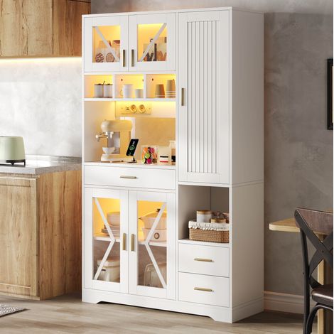 Credenza da cucina con LED, ripiani regolabili e prese USB, bianca, 105x40x185 cm (1/5)