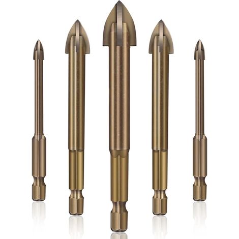 Effizientes Universal-Bohrwerkzeug, 5-teiliges Kreuz-Sechskant-Fliesenbohrer-Set, Betonbohrer-Set für Glas, Kunststoff, Fliesen