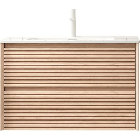 Lavabo vasque rectangulaire blanc en céramique sur meuble sous-vasque en contreplaqué rayé, 81cm, fixation murale, 2 tiroirs, pré-assemblé, finition noyer cannelle. (1/5)