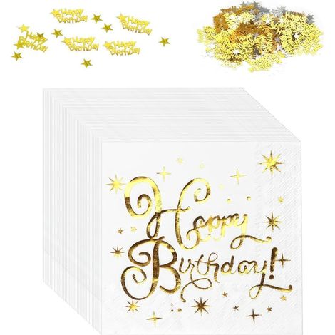 Serviette Anniversaire - Papier Blanc Or Imprimé Happy Birthday - Décoration Table Fête Enfant Adulte - Lot de 40