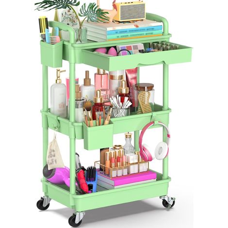 Carrello scaffale mobile ruote 4 livelli con cassetto verde (1/5)