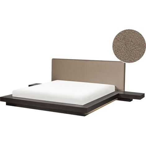 Letto matrimoniale LED con comodini e testata bouclé tortora in frassino scuro 160 x 200 cm Zen (1/5)