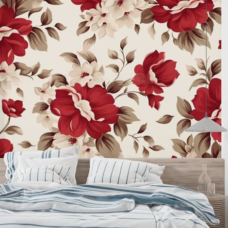 Papier Peint Floral - Roses Anciennes Rouge et Crème - 150 x 250 cm (1/2)