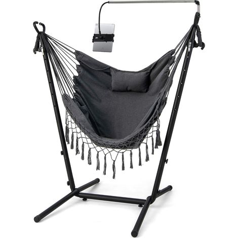 Hamac sur Pied avec Support en Métal et Porte-Téléphone Charge 250KG Hamac de Jardin avec Oreiller et Poche Latérale Gris (1/5)