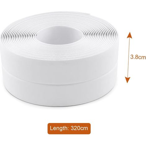 3 rouleaux de ruban d'étanchéité étanche, étanchéité de salle de bain, ruban de calfeutrage auto-adhésif en PVC pour cuisine, toilettes, toilettes, baignoire (blanc) - 3,2 m x 3,8 cm (1/4)