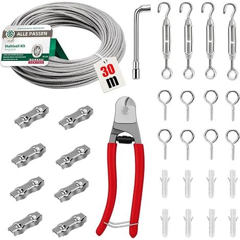 304 Stainless Steel Wire Rope, 30 m 4 mm, 304 Stainless Steel Cable Tensioner with Grommets, Stakes for Climbing Plants, Clothesline, Lights, etc