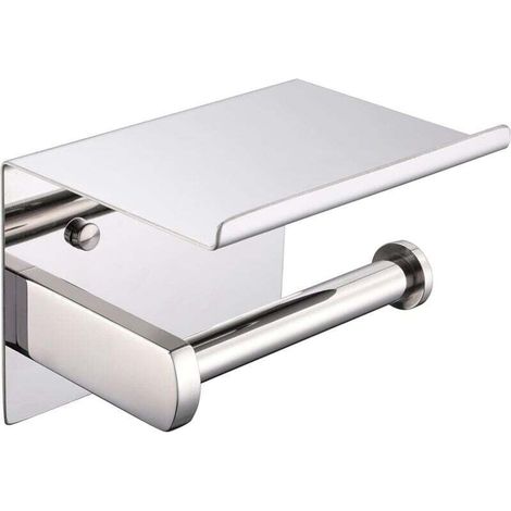SUS 304 stainless steel toilet paper holder – Polished chrome finish – Adhesive or drill installation – Modern integrated shelf (1/5)