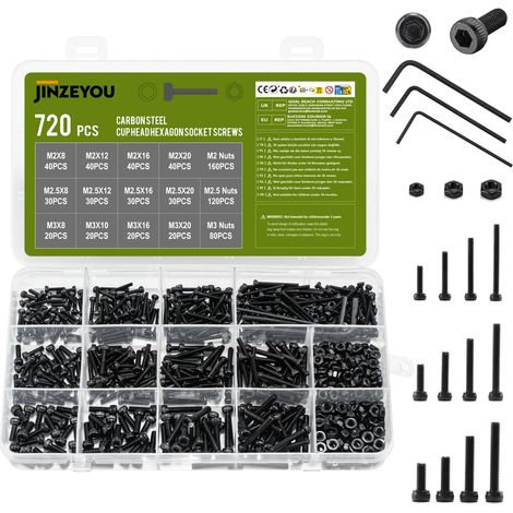 720 Pcs Vis M2 M2.5 M3, Boulons et Écrous Noirs, Boulon à Tête Cylindrique à Six Pans et Rondelles, Vis à Tête Creuse Hexagonale pour Réparation de Vélos et Motos (1/5)