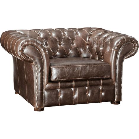 Poltrona Chesterfield in pelle invecchiato - Marrone - CLOTAIRE