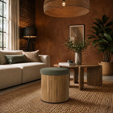 Pouf - HOME DECO FACTORY - Jules - Rond - Côtelé - Vert (1/5)