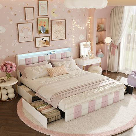 Letto matrimoniale 160x200 cm, letto per adulti con illuminazione LED, porta USB e 4 cassetti di stoccaggio, rete a doghe in legno, stile scandinavo, letto trapuntato in velluto, bianco e rosa