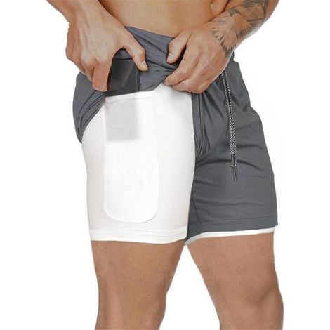Short de sport 2-en-1 homme, running, fitness, gym, yoga, léger, ceinture intégrée, gris foncé.