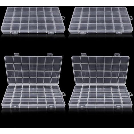 Boîte de rangement en plastique transparente à 28 compartiments (4 pièces) pour petites pièces en plastique avec étiquette, artisanat, perles, bijoux, petites pièces (1/4)
