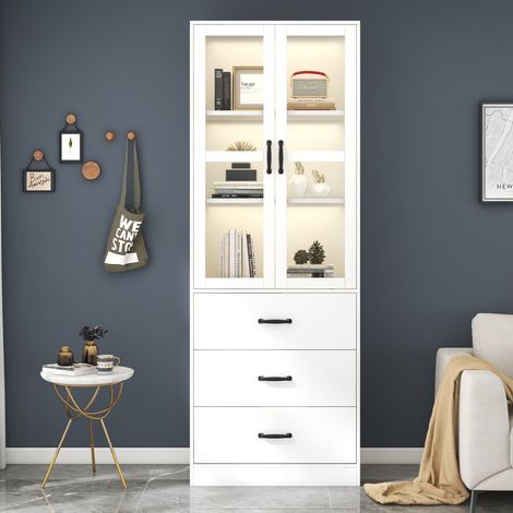 Vitrine blanche sur pied 60x40x200cm, portes vitrées, 3 tiroirs, séparateurs amovibles, éclairage LED meuble de présentation élégant (1/5)