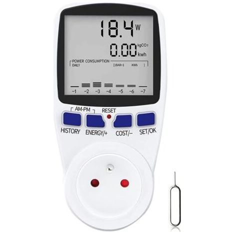 Wattmètre, Prise Compteur d'Énergie Numérique, Mesure Consommation Electrique, Prise Consommation d'Énergie avec 7 Mode et Lécran LCD, Prise Wattmetre, 16A Protection de Surcharge (1/5)