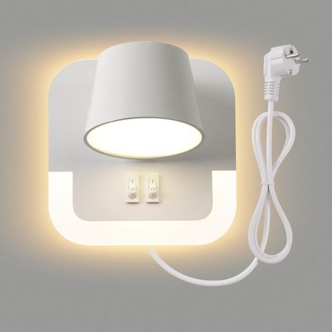 LED Reading Lamp Wall Lamp, Bedside Lamp, Bedroom Wall Lamp with Reading Light, 3000K Adjustable Color Temperature, 4W+8W Rotating Lamp Head, With Cable and Plug, White (1/5)