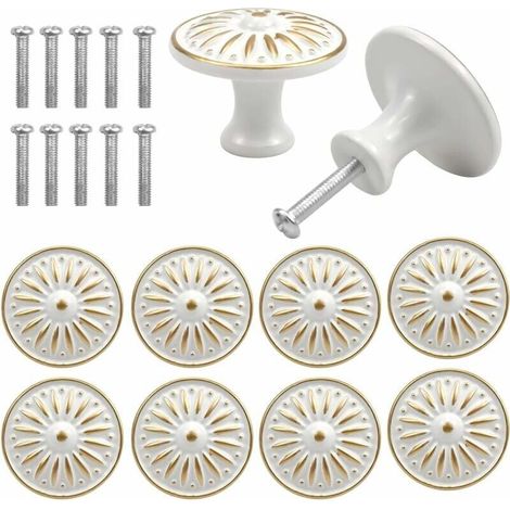 Bardusch-10PCS Vintage Tiroir de Porte Poignée, 35MM Bouton de Meubles, Rond Boutons de Tiroir, Laiton Boutons de Porte, Poignées de Meuble pour Placard Armoire Cuisine, Chambre d'enfant (Blanc) (1/5)