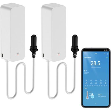 Set mit 2 intelligenten WLAN-Thermometern mit externer Sonde – Misst Temperatur und Luftfeuchtigkeit – Kompatibel mit Alexa und Tuya – Fernüberwachung