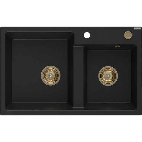 Mexen Tomas 2-Becken-Granit-Spülbecken 800 x 500 mm, Schwarz, Siphon Gold - 6516802000-77-G (1/5)