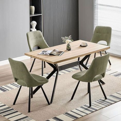 Ensemble Table à Manger - WAFTING - 140x80cm - 4 chaises pivotantes 360° - Chaises vert gris - Style scandinave (1/5)