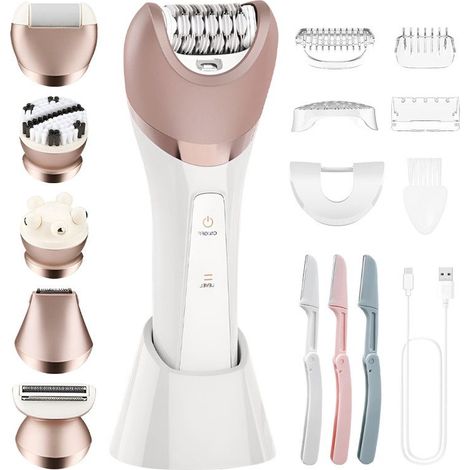 Épilateur Électrique Femme 6 en 1 Femme sans Fil - Rasoir Électrique Sèche et Humide, 2 Vitesses avec Exfoliant, Nettoyage, Massage