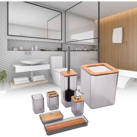 Ensemble de salle de bain 7 pièces en bambou et bois, poubelle, articles de toilette, gris (1/5)
