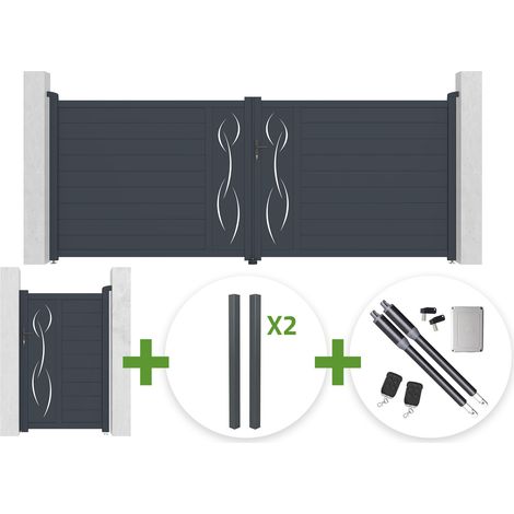 Portail battant 4m LIFE H.160cm gris + Portillon 1m LIFE H.160cm + 4 poteaux ELDA + motorisation Ranger B150 (1/5)