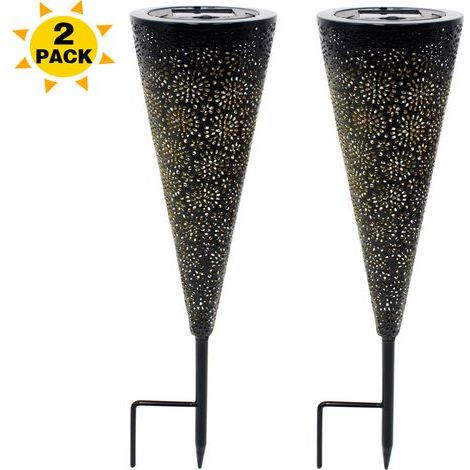 Lampe solaire décorative de jardin, lustre, projecteur, structure métallique ajourée, fer forgé - Lot de 2 (1/5)