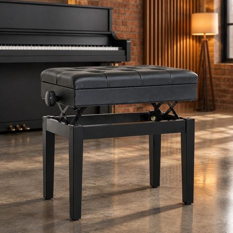 Banqueta de piano con almacenamiento y altura regulable 54,5 x 33 x 48-58 cm negra DESVIAE (1/5)