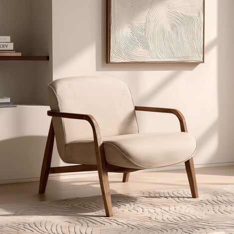 SIXTINE - Fauteuil en tissu beige et bois de teck recyclé (1/5)