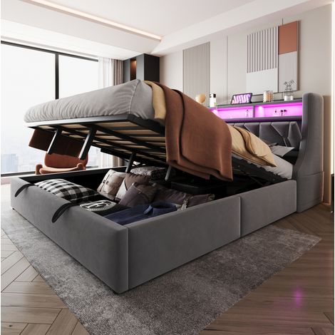 DESVIAE Lit double rembourré 180 x 200 cm avec rangement hydraulique tête de lit rabattable LED prises USB et Type C velours gris (1/5)